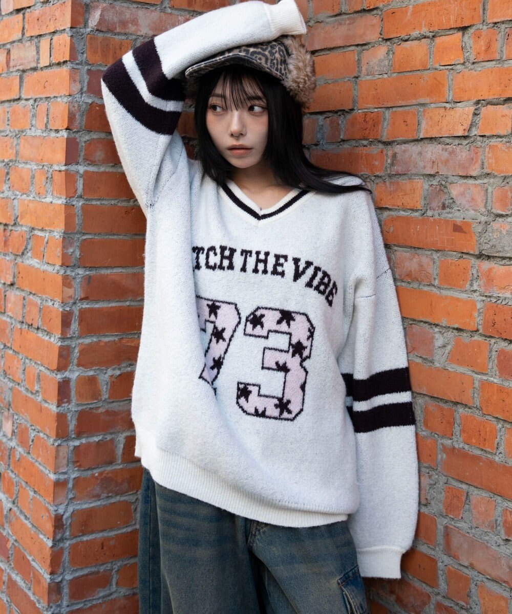 WEGO 【25年秋冬新作】フラッフィーVネックニットBIGプルオーバー 