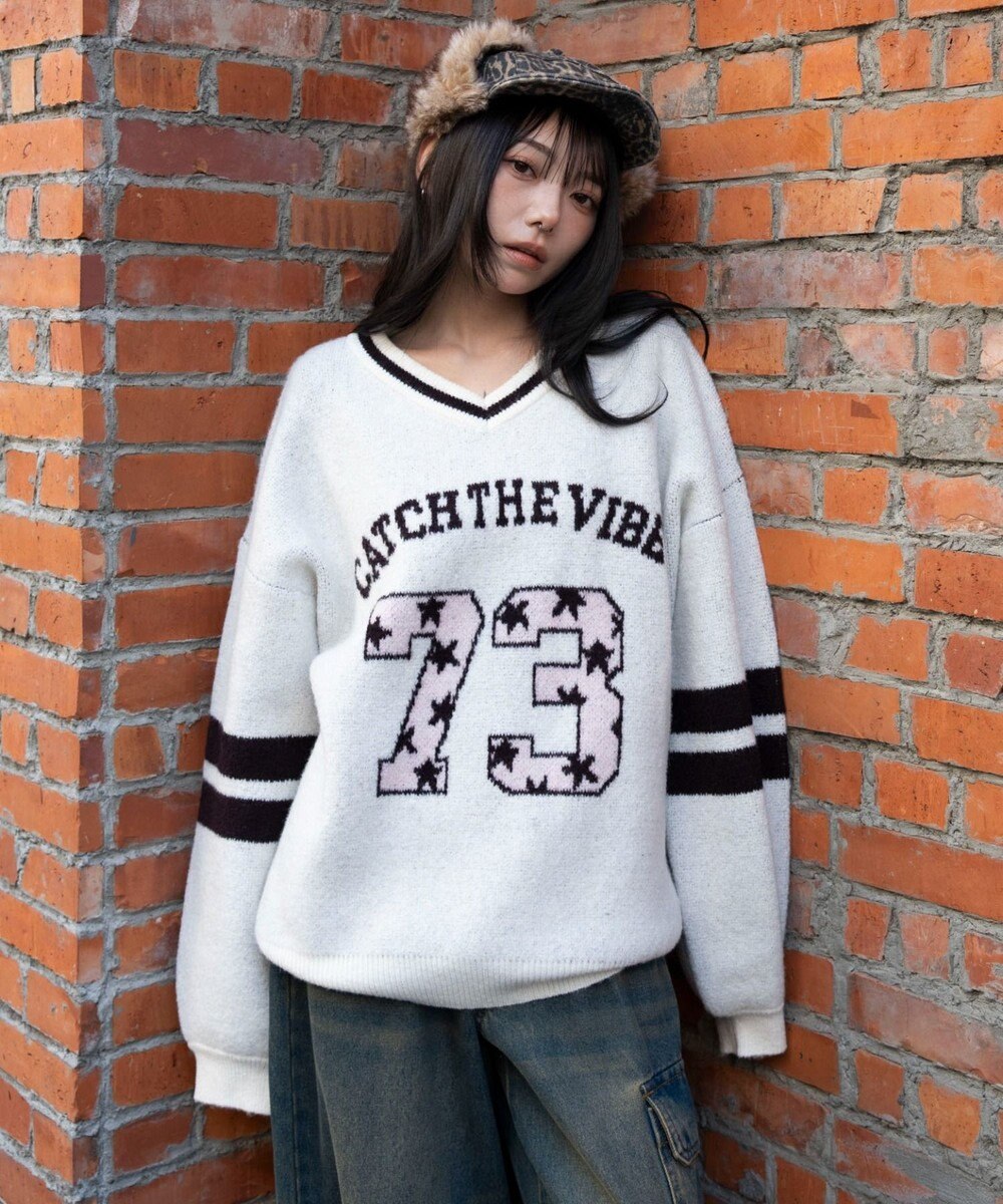 WEGO 【25年秋冬新作】フラッフィーVネックニットBIGプルオーバー 