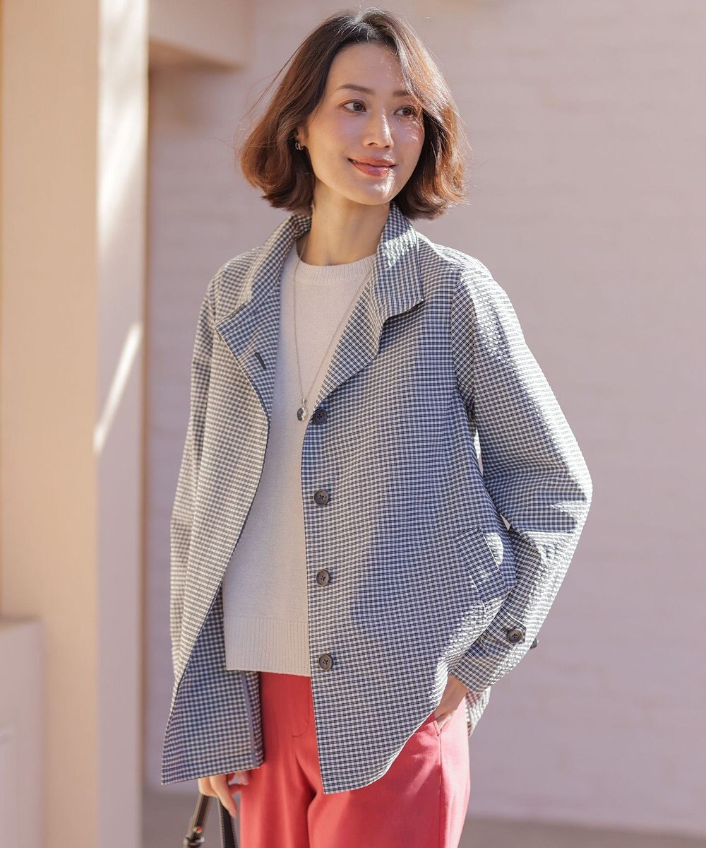 J.PRESS LADIES Lightストレッチチェック スタンドカラー コート 