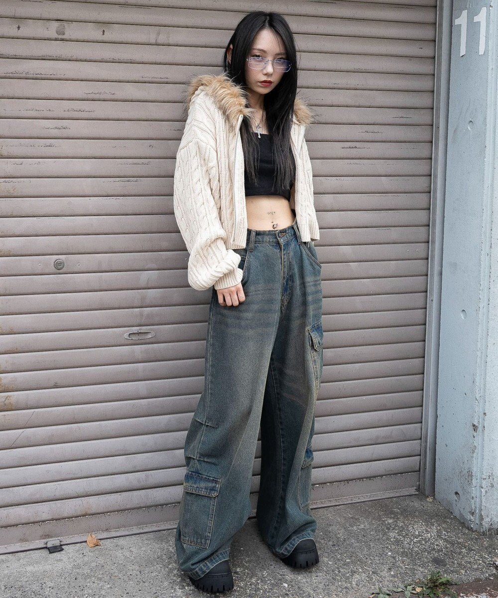 WEGO フェイクファー付きケーブルニットパーカー 