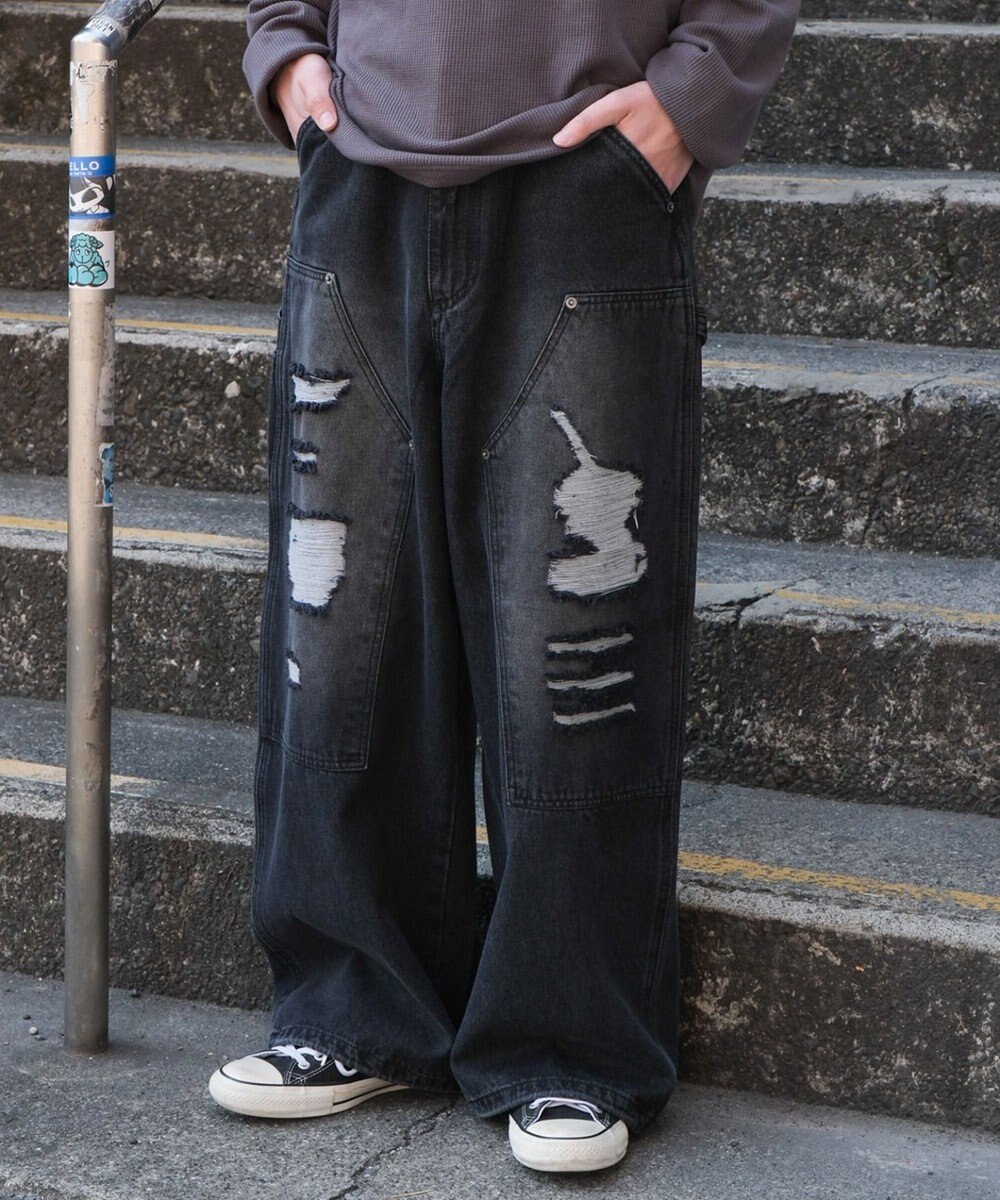 WEGO ダブルニーダメージデニムパンツ 