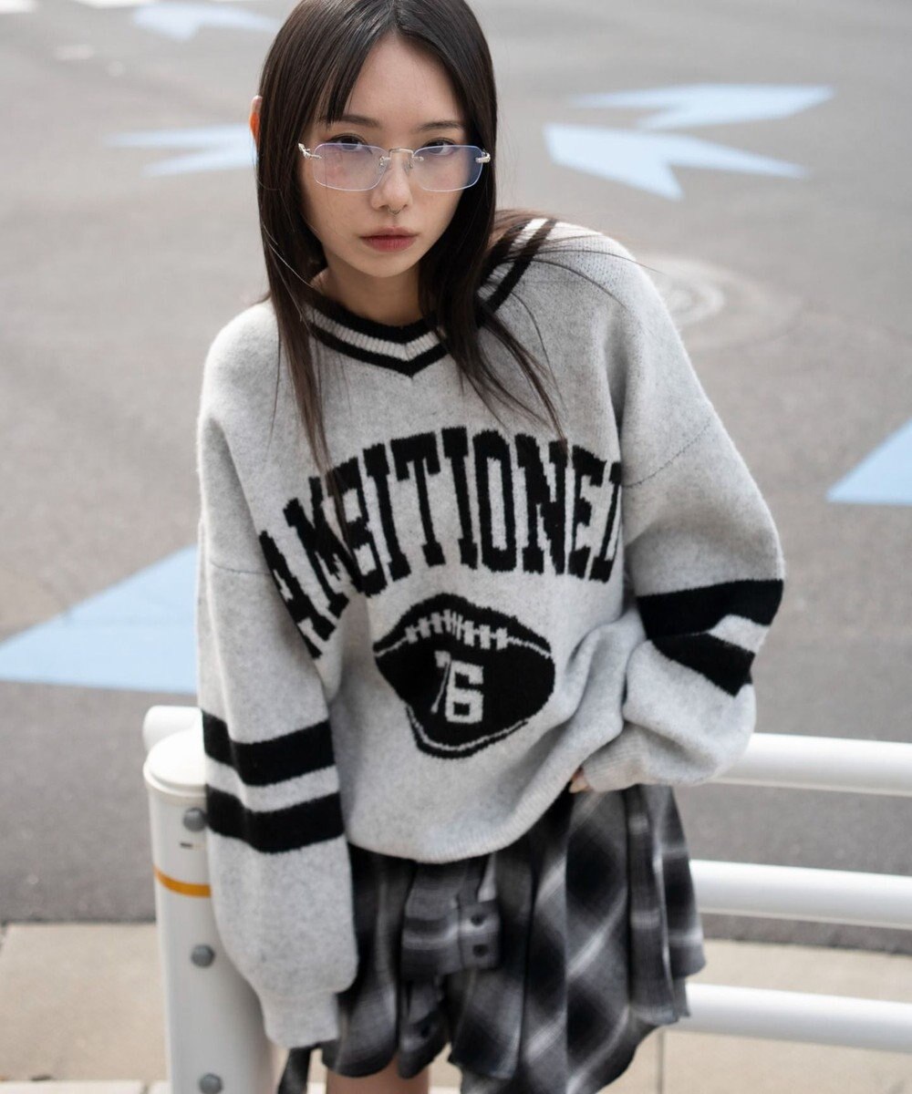 WEGO 【25年秋冬新作】フラッフィーVネックニットBIGプルオーバー 