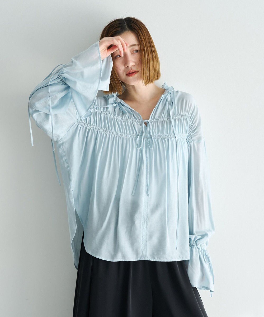YECCA VECCA シャーリングギャザーリボンブラウス 