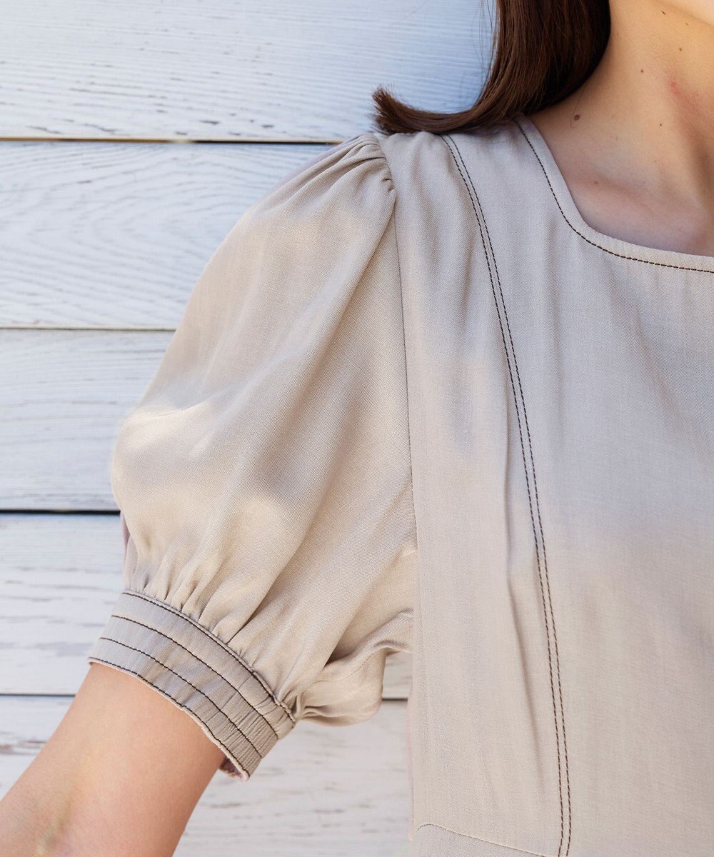 Tiaclasse 【洗える】パフスリーブ配色ステッチワンピース 