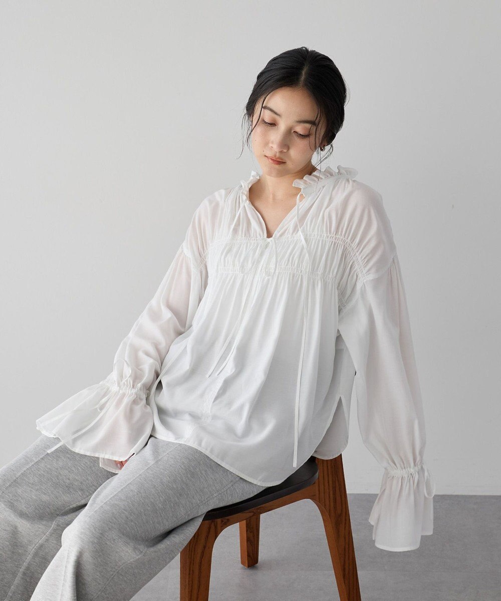 YECCA VECCA シャーリングギャザーリボンブラウス 