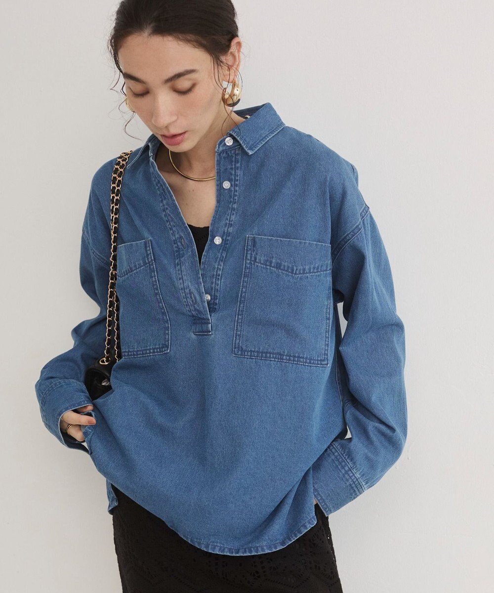 WEGO 【ANGIE VINTAGE】襟が選べる デニム プルオーバー シャツ（バンドカラー/レギュラー） 