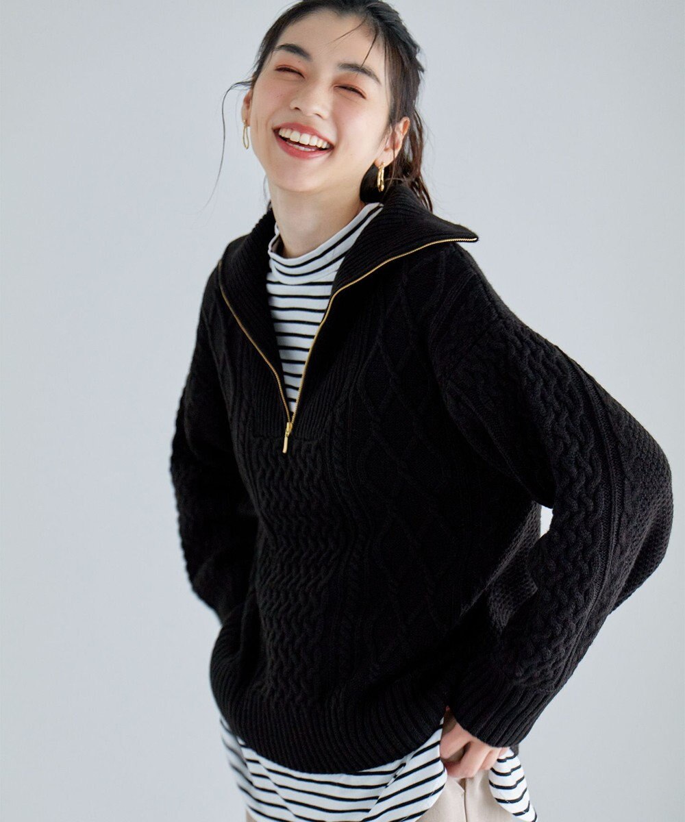 ANY L ソフトアクリルハーフジップケーブルニット 