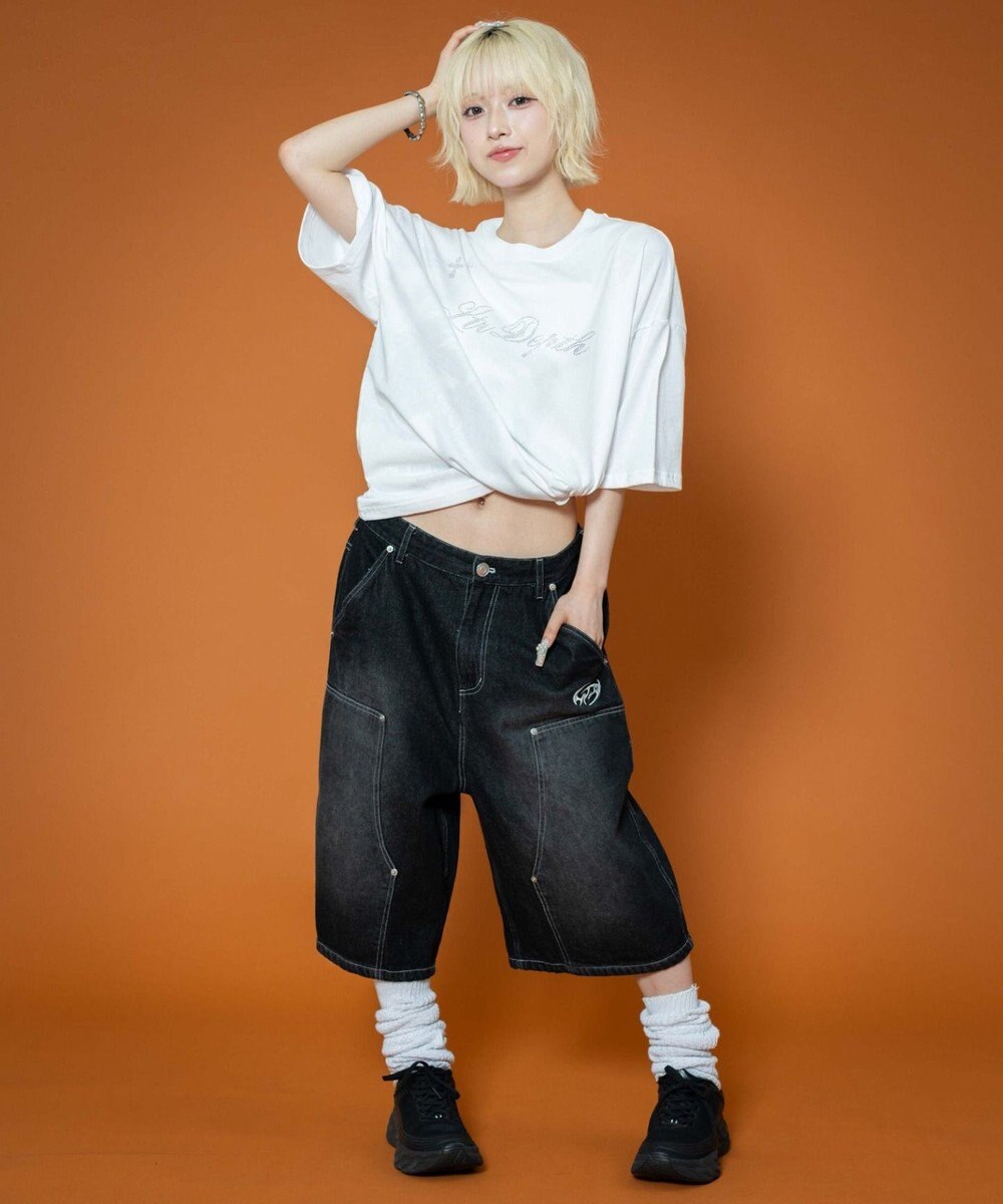 WEGO 【ユニセックス着用ITEM】ダブルニーロゴデニムショーツ 