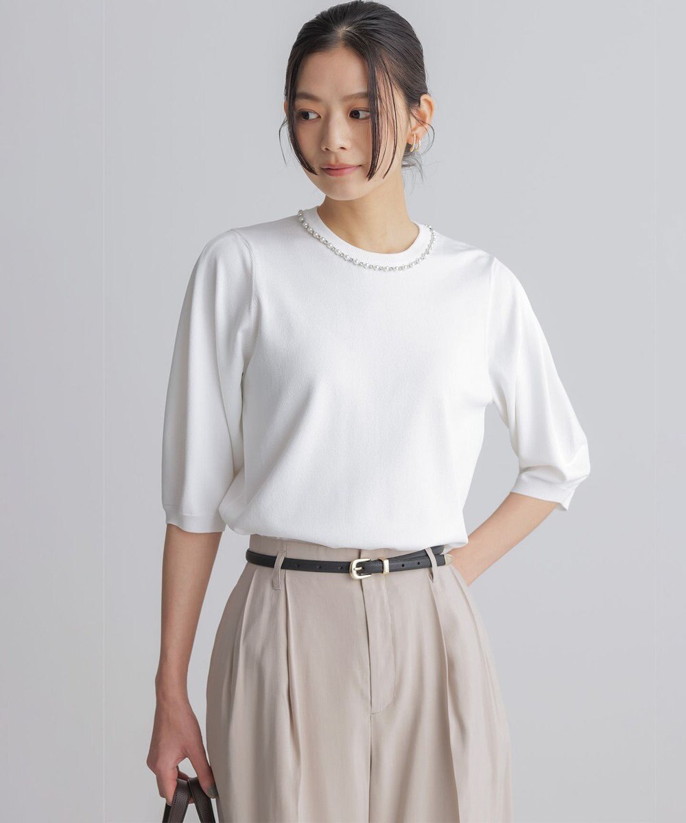 組曲 【WEB限定】クリアストレッチビジューレーン6分袖 ニット 