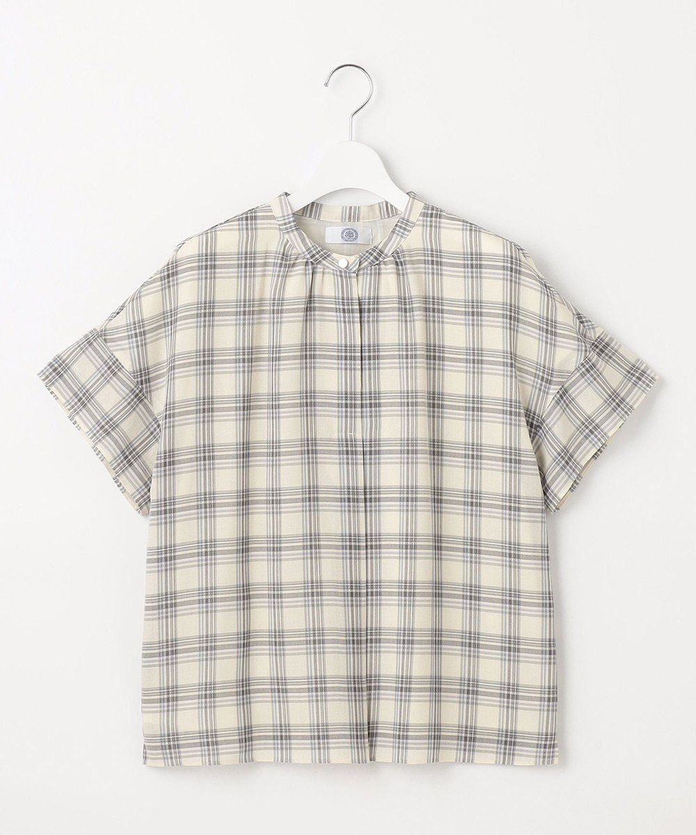 J.PRESS LADIES シアーストライプチェック フレンチスリーブ バンドカラー カットソー 