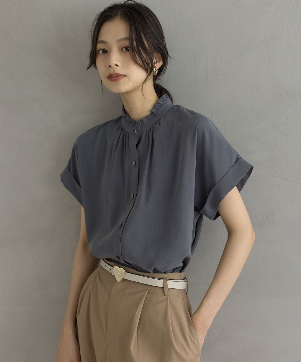 組曲 バウンディングシャーティング バンドカラーフリル ブラウス 