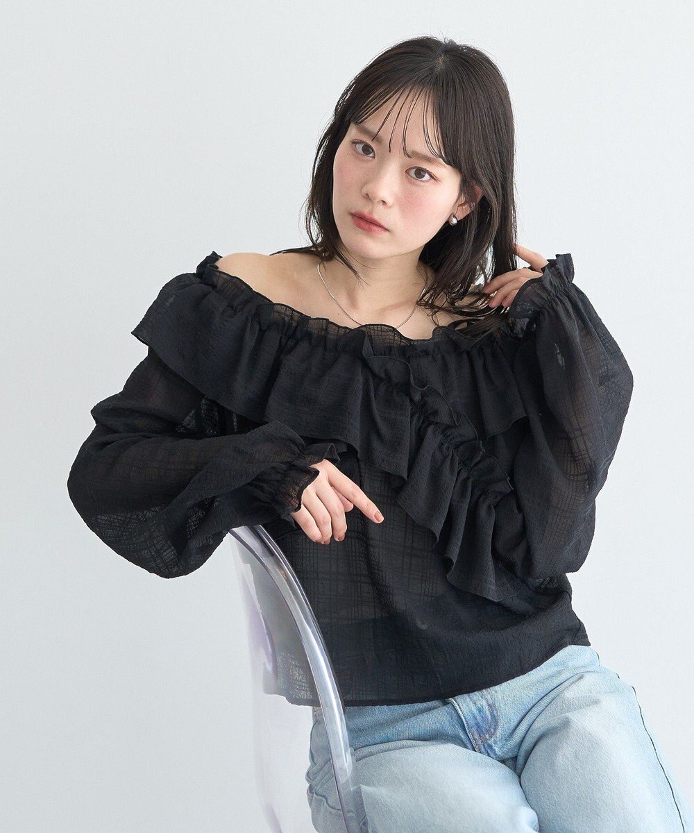 earth music&ecology シアーチェック2wayオフショルブラウス 