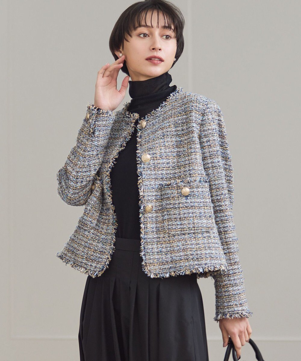 23区 L GIOLICAツイード ノーカラー ボタン ジャケット 