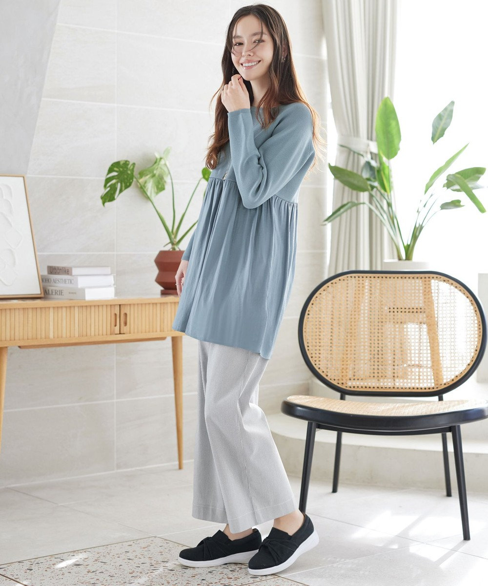 Tiaclasse ストライプストレッチワイドパンツ 