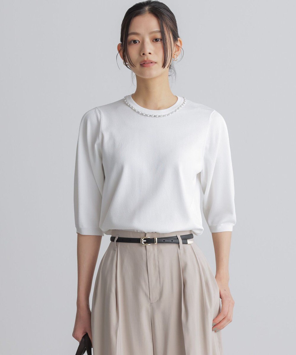 組曲 【WEB限定】クリアストレッチビジューレーン6分袖 ニット 