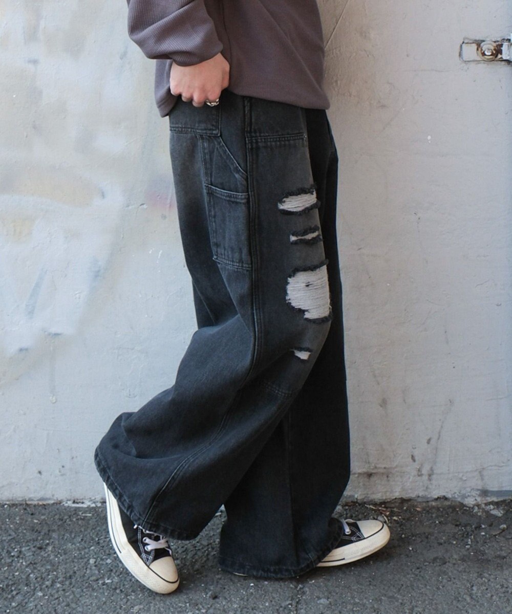 WEGO ダブルニーダメージデニムパンツ 