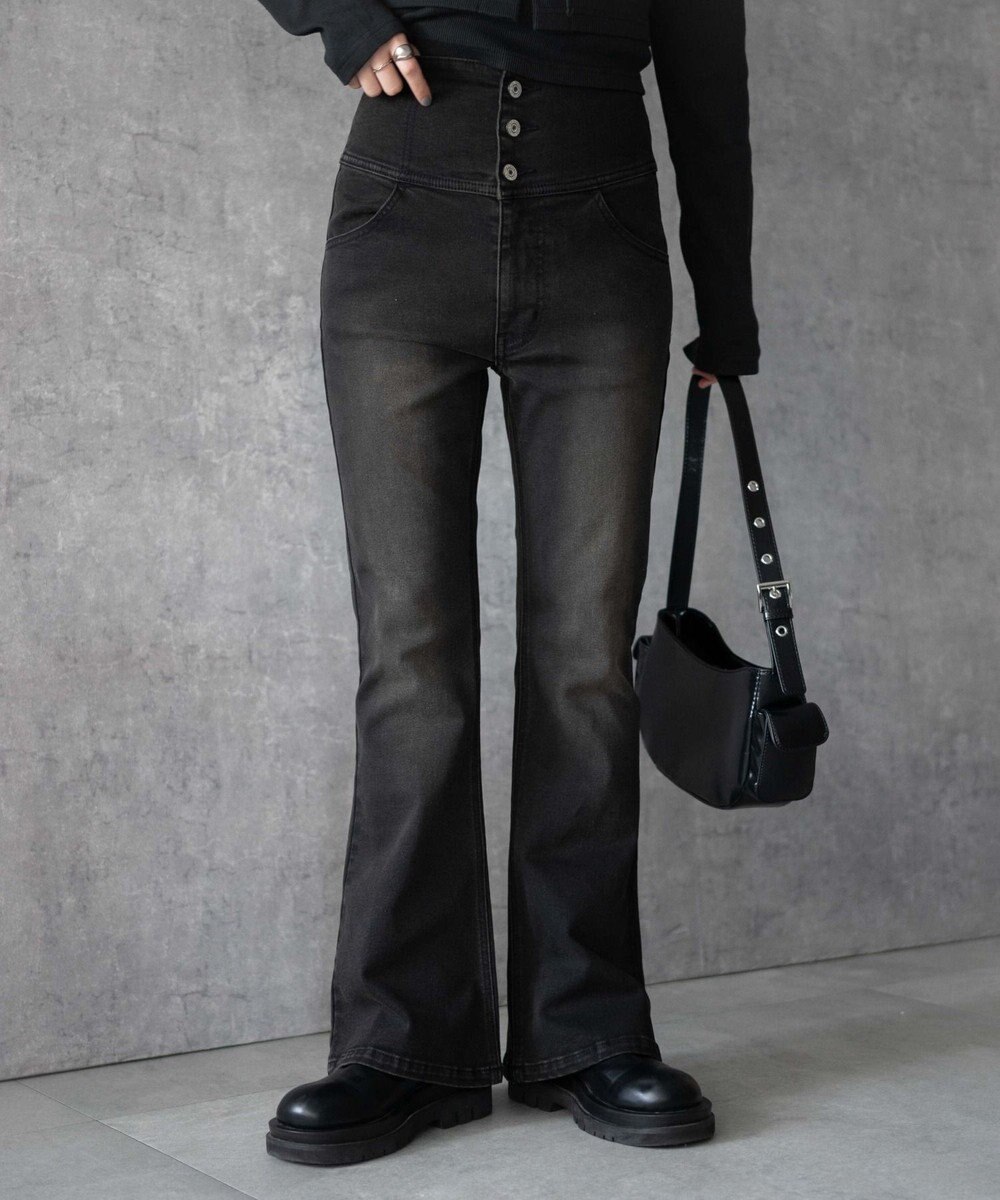 WEGO ハイウエストストレッチフレアデニムパンツ 