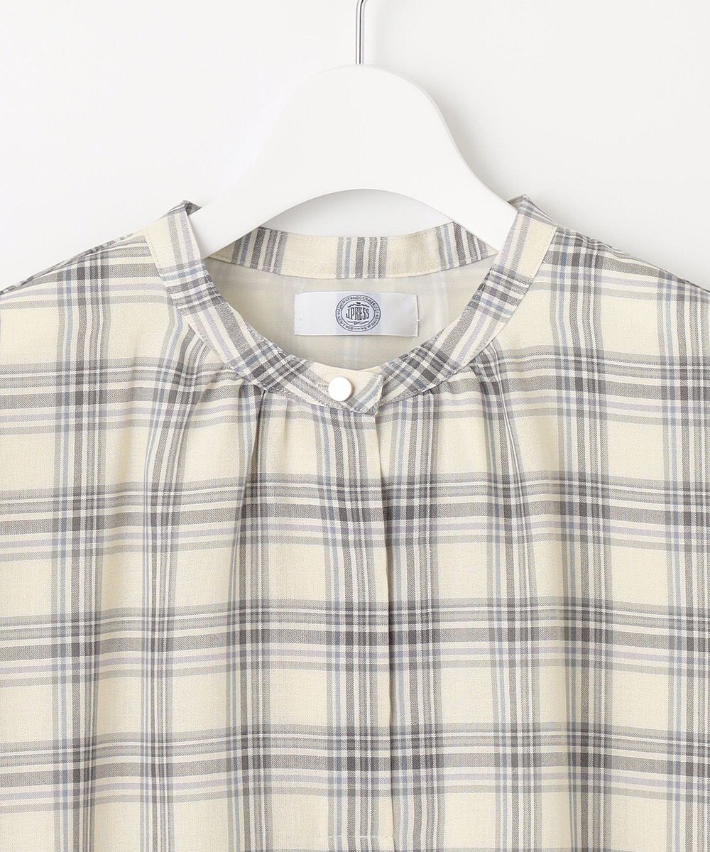 J.PRESS LADIES シアーストライプチェック フレンチスリーブ バンドカラー カットソー 