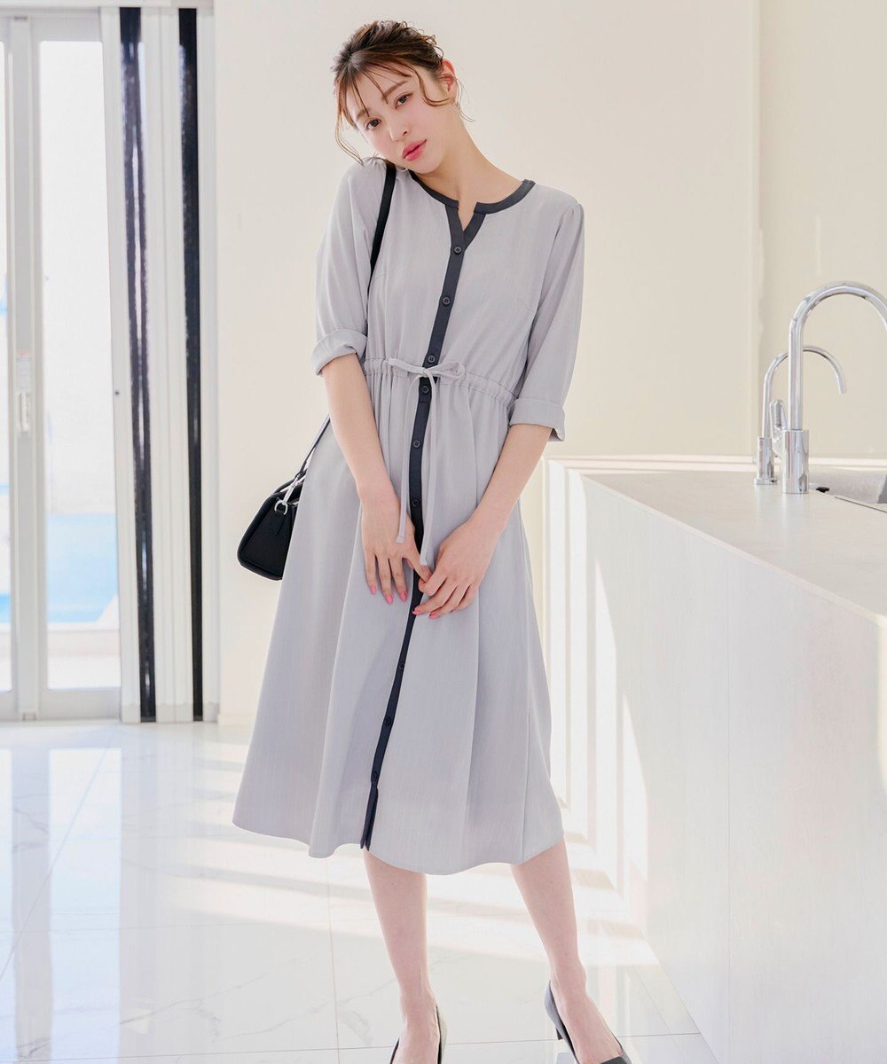 Tiaclasse L 【新色追加・洗える】配色キーネックストライプワンピース 