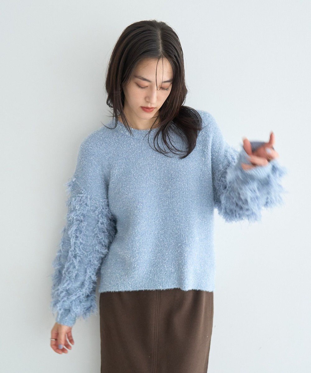 YECCA VECCA ラメフェザー袖フリンジニット 