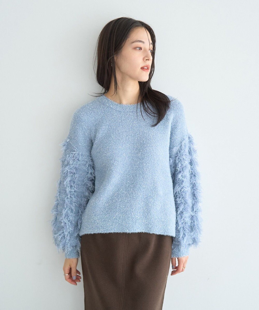 YECCA VECCA ラメフェザー袖フリンジニット 