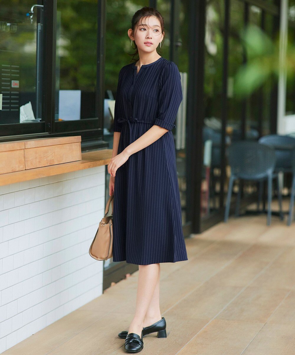 Tiaclasse L 【新色追加・洗える】配色キーネックストライプワンピース 