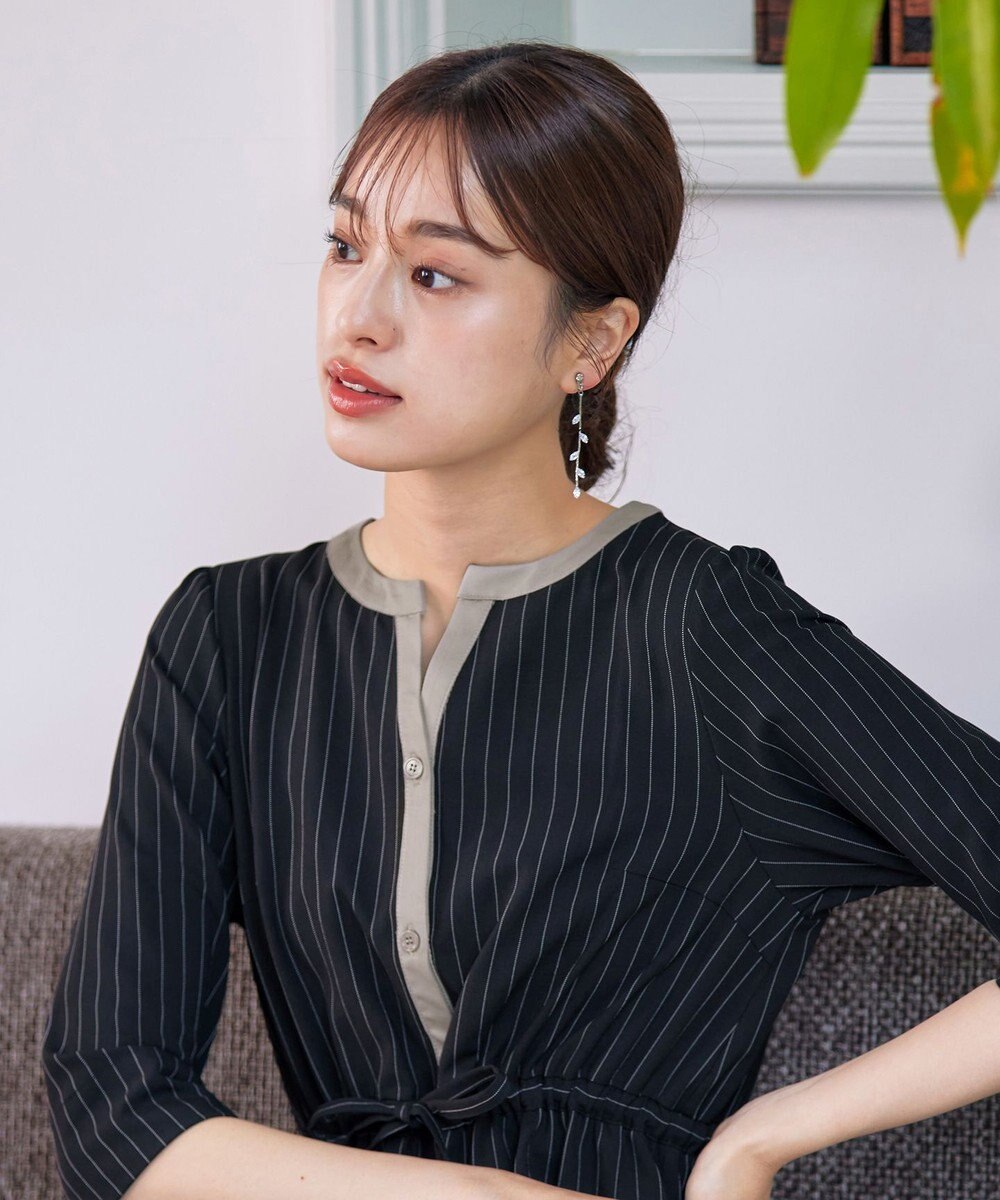 Tiaclasse L 【新色追加・洗える】配色キーネックストライプワンピース 