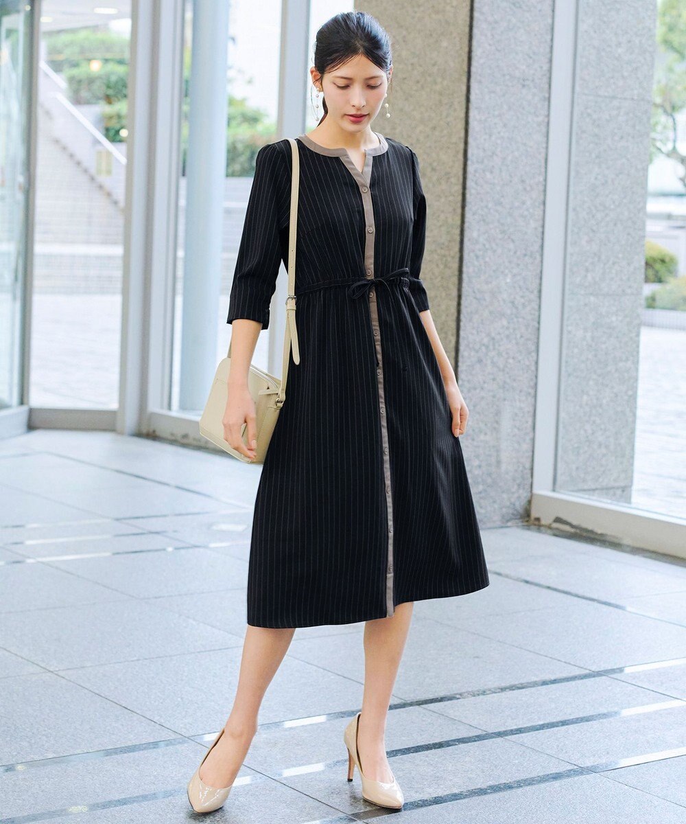 Tiaclasse L 【新色追加・洗える】配色キーネックストライプワンピース 