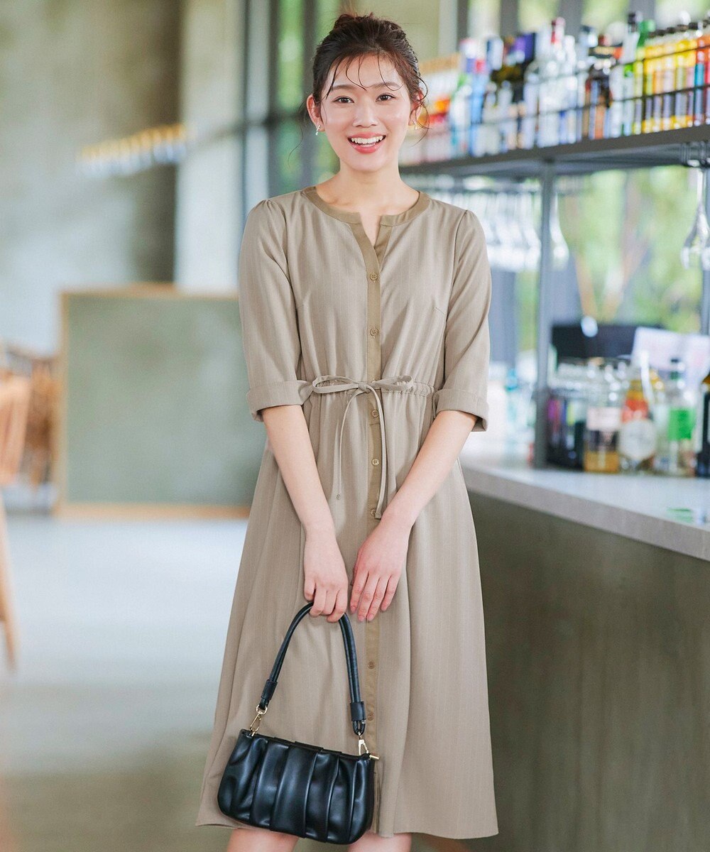 Tiaclasse L 【新色追加・洗える】配色キーネックストライプワンピース 