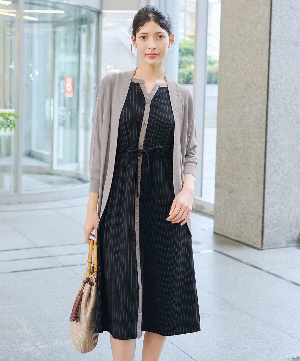 Tiaclasse L 【新色追加・洗える】配色キーネックストライプワンピース 