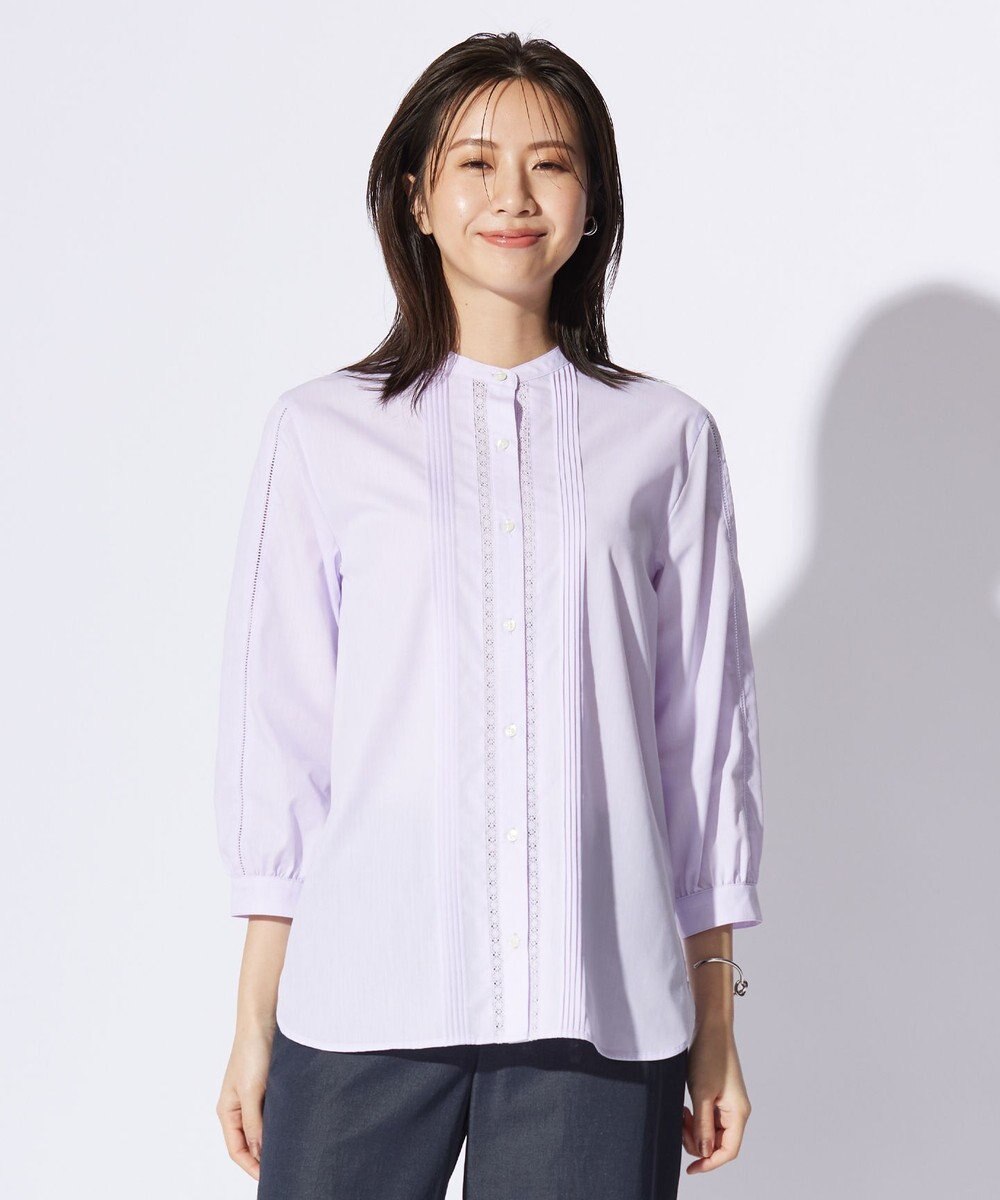 J.PRESS LADIES 【洗える】シャンブレー バンドカラー ピンタック ブラウス 