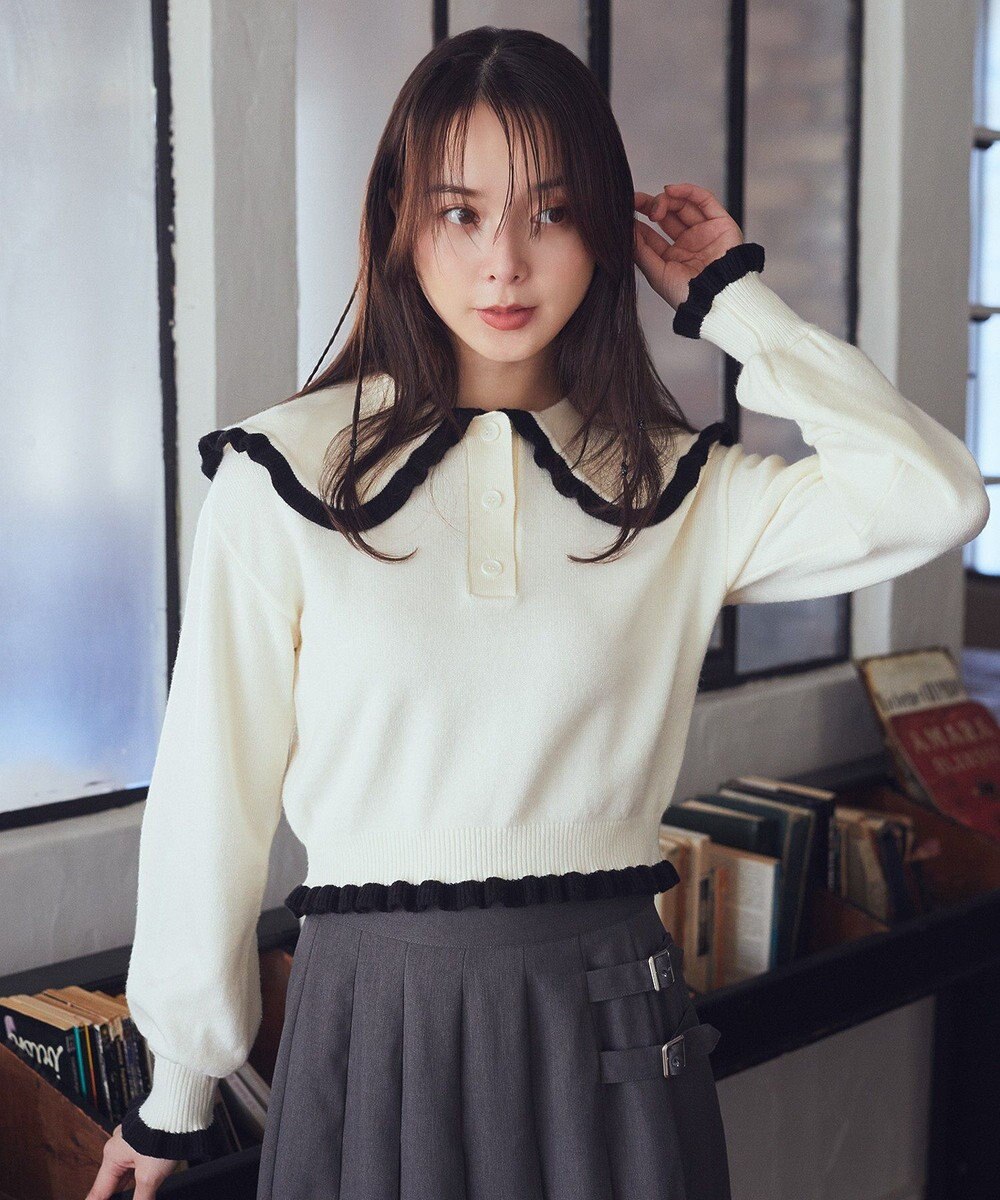 earth music&ecology 配色フリルカラーニットプルオーバー 