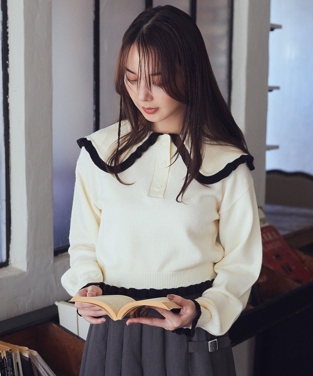 earth music&ecology 配色フリルカラーニットプルオーバー 