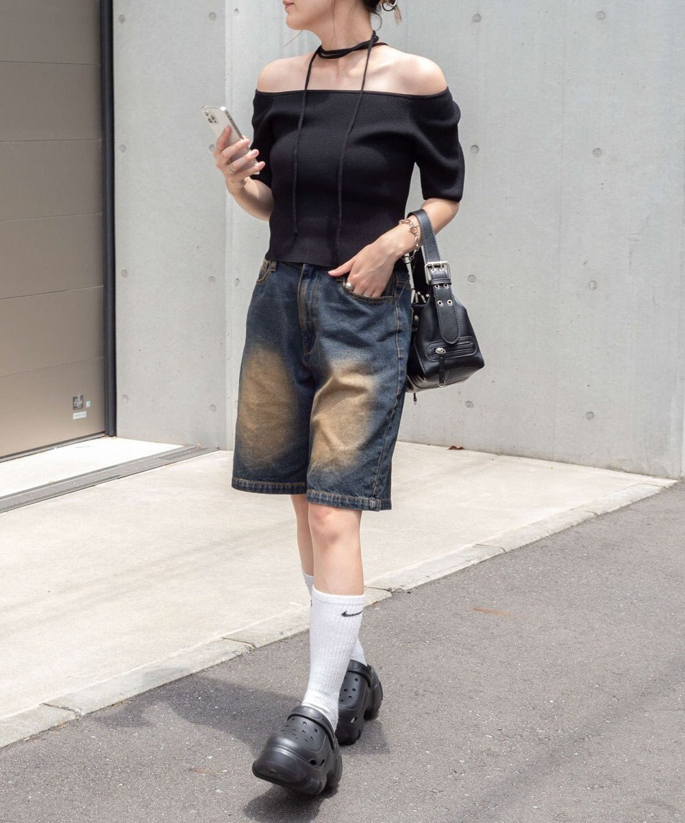 WEGO チョーカーリボン付きオフショルニット 