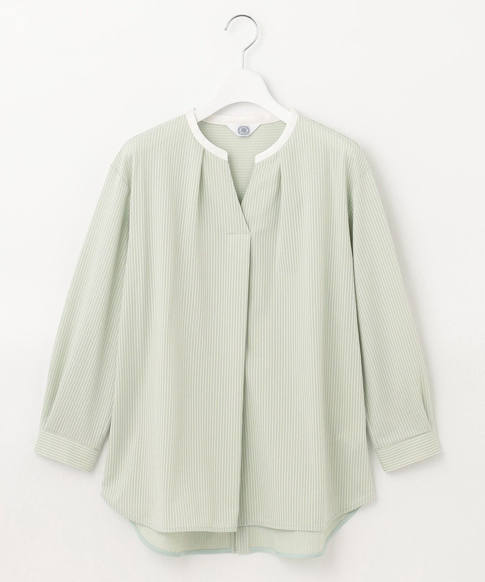 J.PRESS LADIES L ピンストライプジャージー バンドカラー スキッパー カットソー 