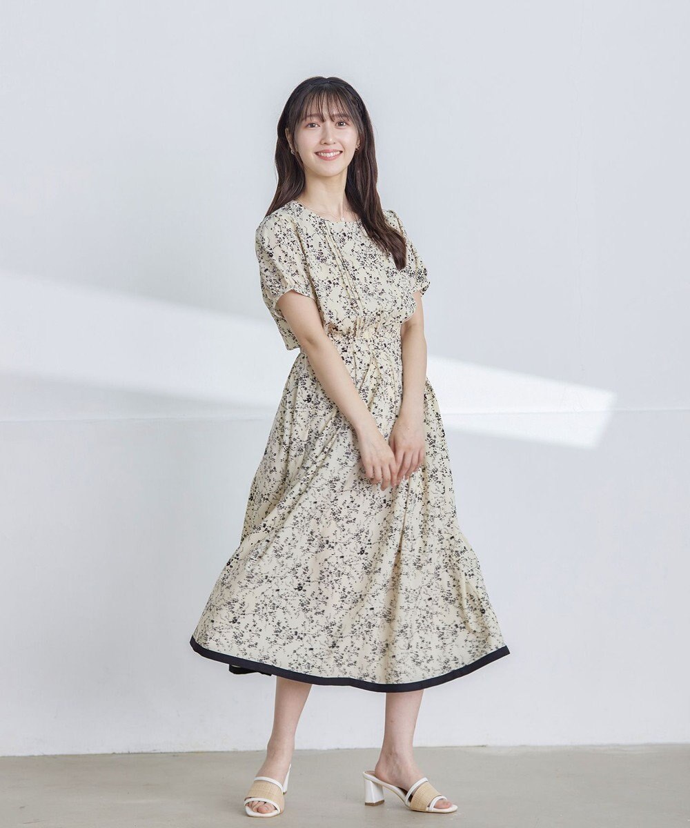 Tiaclasse L 【袖が選べる・洗える】配色モノクロ花柄ワンピース 