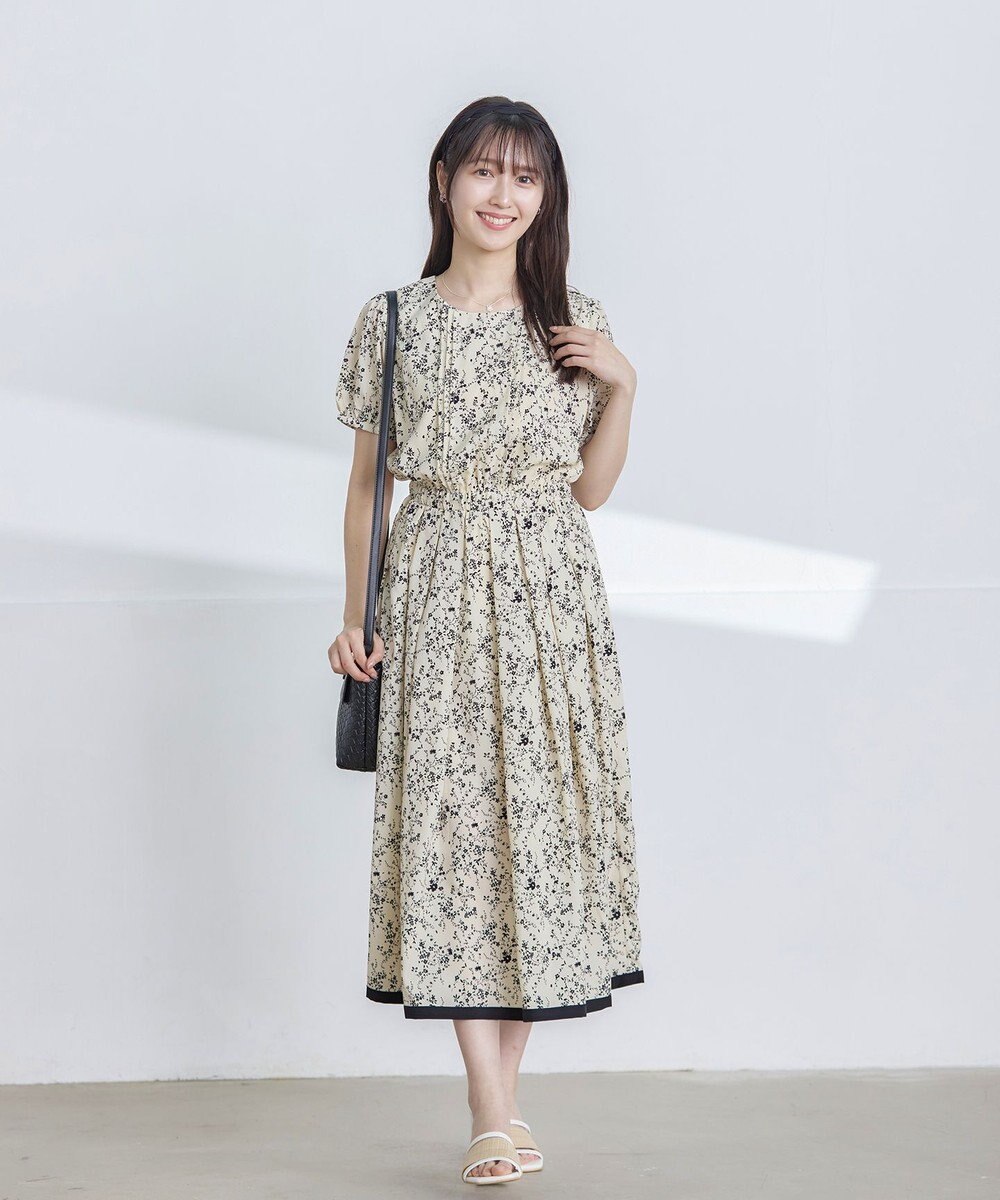 Tiaclasse L 【袖が選べる・洗える】配色モノクロ花柄ワンピース 