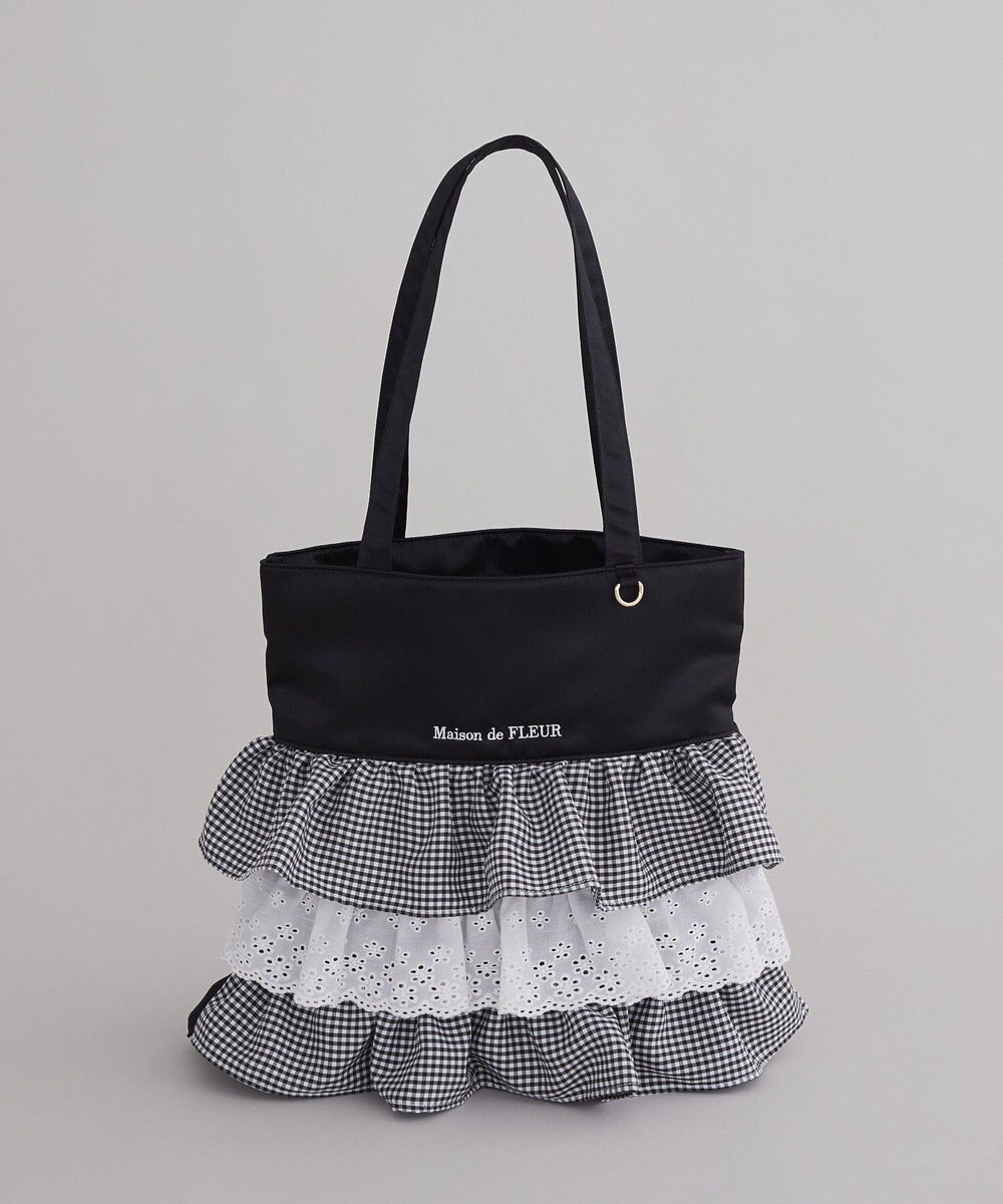 Maison de FLEUR サテンフロントフリルスクエアトートバッグ 