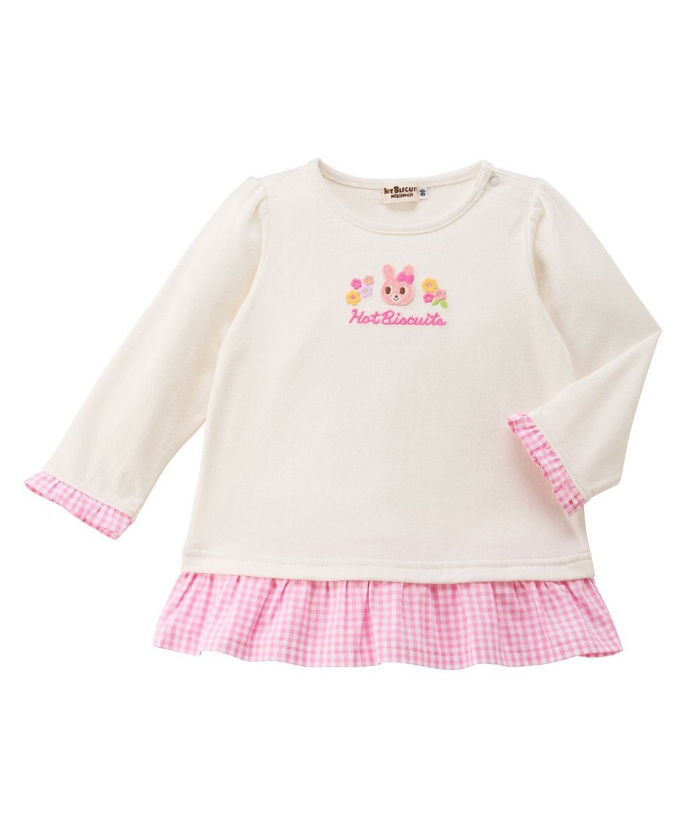 MIKI HOUSE HOT BISCUITS キャビット×お花 刺繍 裾フリル長袖Tシャツ 