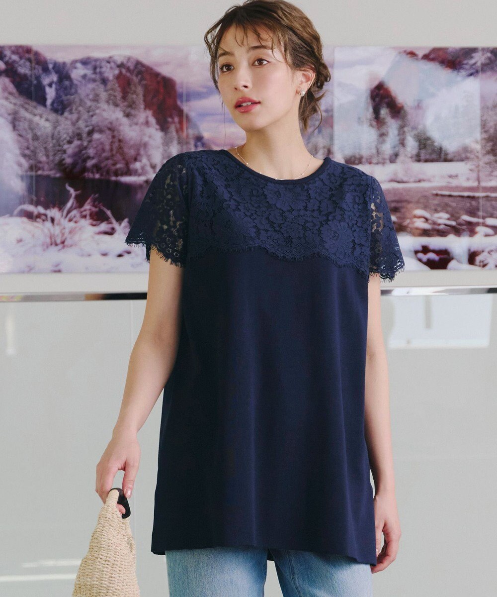 Tiaclasse 【洗える】レースコンビフレンチスリーブニットチュニック 