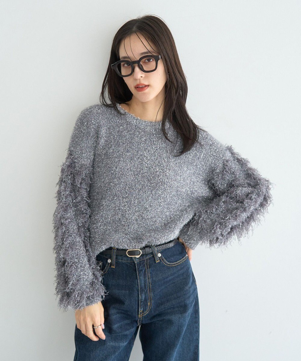 YECCA VECCA ラメフェザー袖フリンジニット 