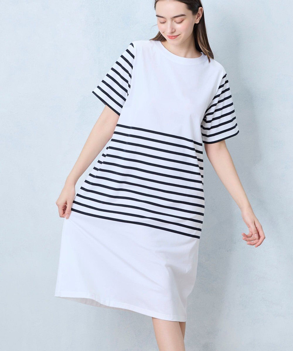 une nana cool 【綿100％】60ハイゲージ天竺パネルボーダー半袖ワンピース 