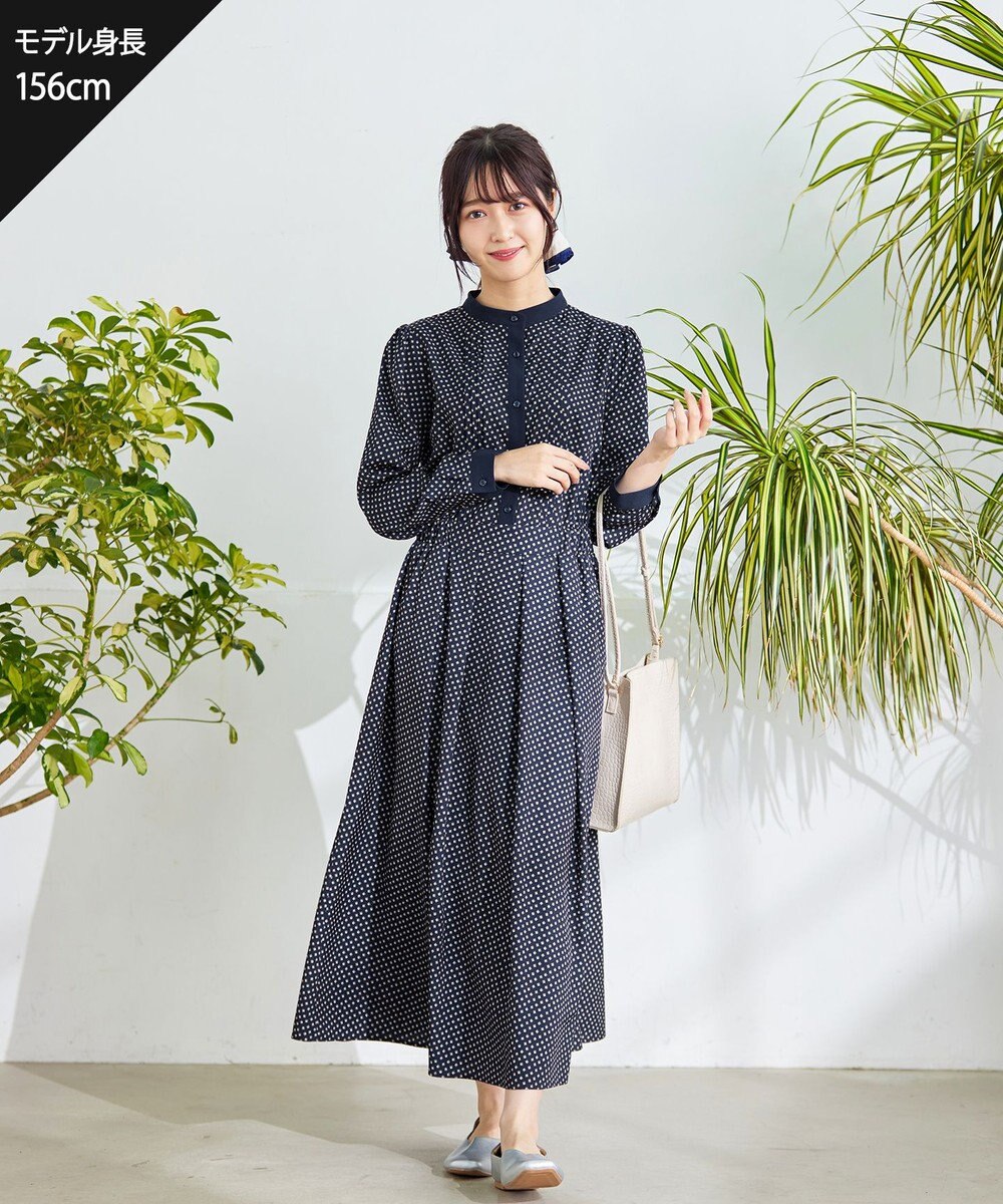 Tiaclasse 【新色追加・洗える】配色バンドカラー幾何学柄ワンピース 