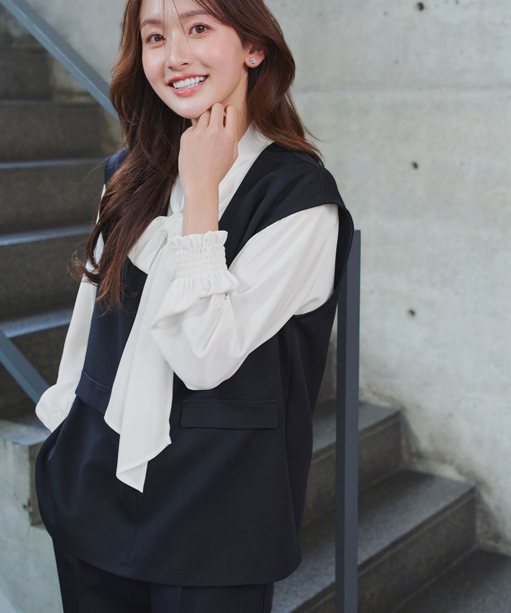 Tiaclasse 【ブラウス&ベスト&パンツ3点セット】リボンタイブラウス＋ベスト付き 3点セットアップ 