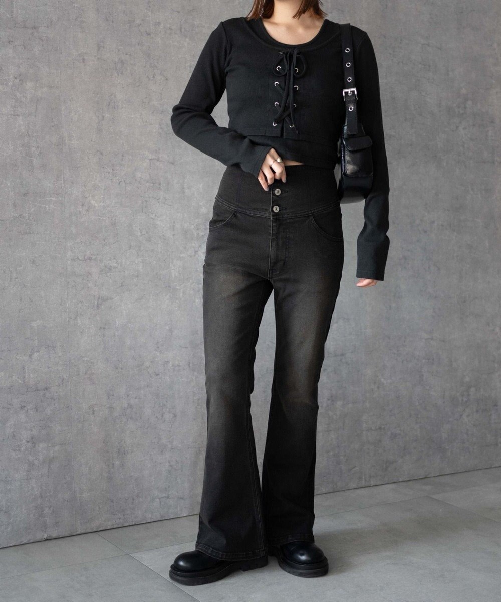 WEGO ハイウエストストレッチフレアデニムパンツ 