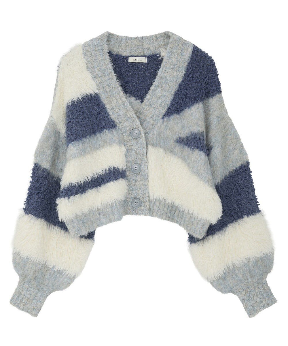 earth music&ecology ポンポンヤーンミックスインターシャカーディガン 