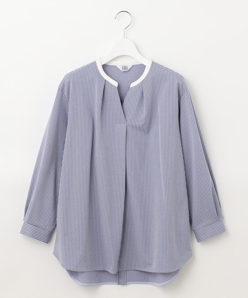 J.PRESS LADIES L ピンストライプジャージー バンドカラー スキッパー カットソー 