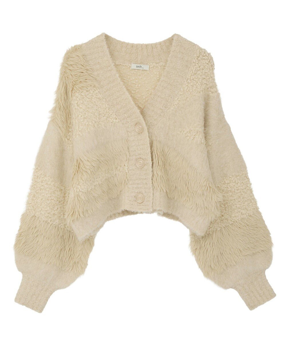 earth music&ecology ポンポンヤーンミックスインターシャカーディガン 