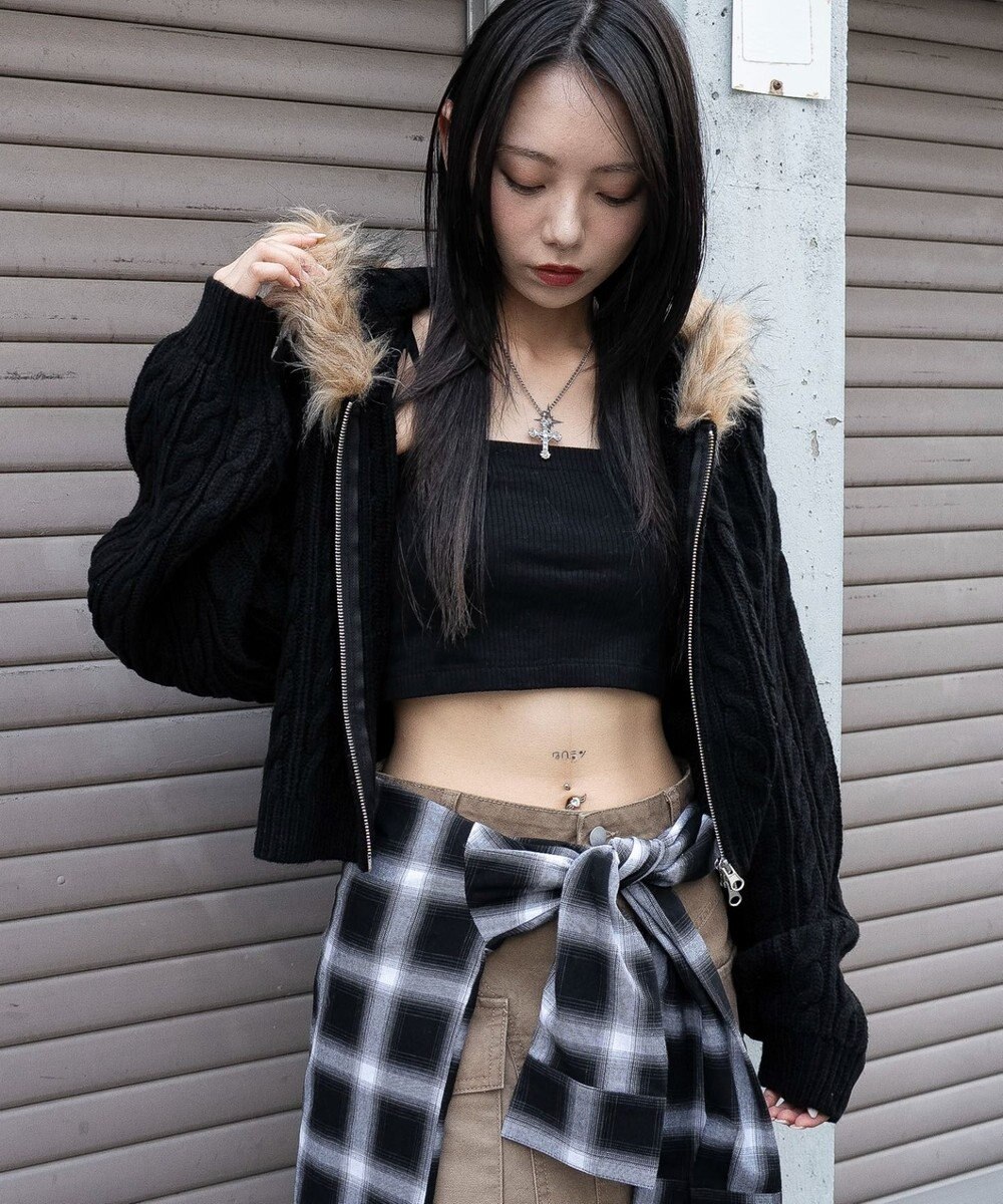 WEGO フェイクファー付きケーブルニットパーカー 