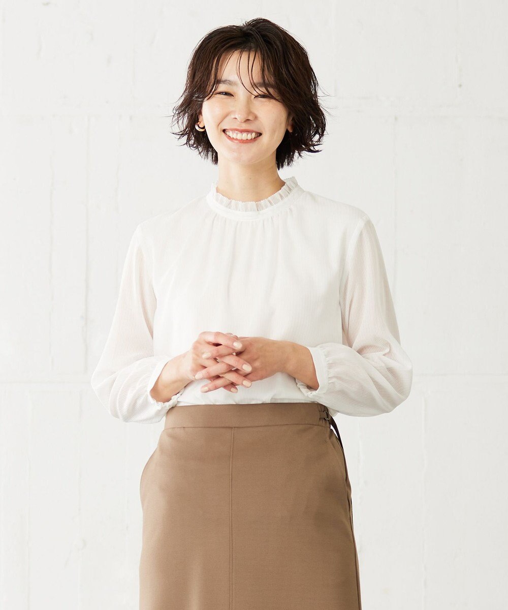 J.PRESS LADIES L カチオンストライプ フリルネック バンドカラー カットソー 